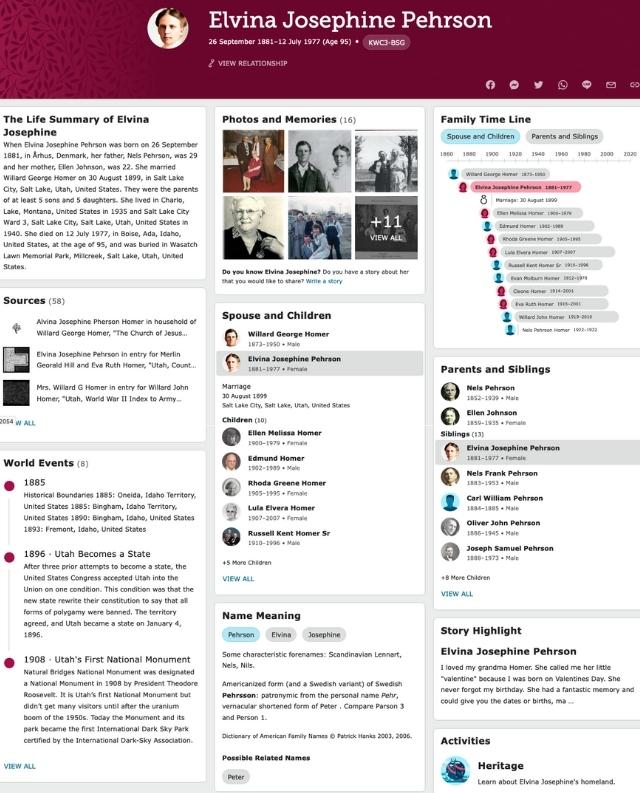Screenshot of Discovery page for an ancestor. The page has several sections for life summary, sources, relationships, photos and a timeline of family members
