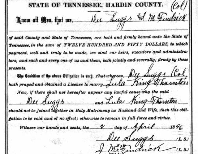 Bond record from Tennessee, with handwritten names of the bride, the groom and a bondsman