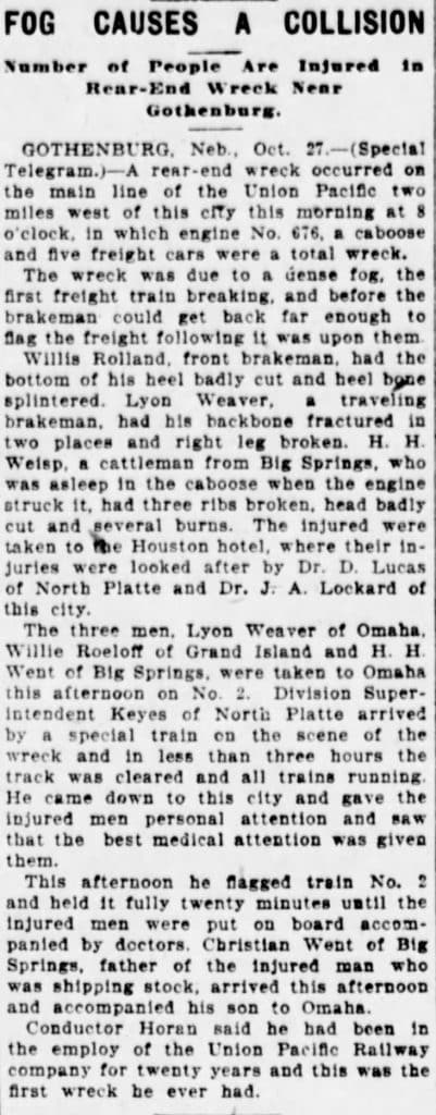 Old newspaper article with headline "Fog Causes a Collision." The text discusses a train wreck and its victims, including Hugo Wendt