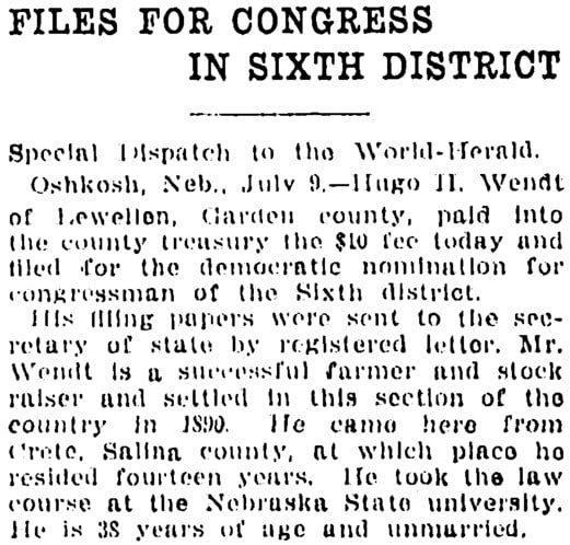 Old newspaper article with headline "Files for Congress in Sixth District," describing Hugo Wendt registering to compete as the Democratic nominee for a Congressional seat in Nebraska