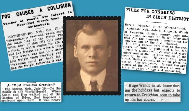 Headshot of man surrounded by old newspaper articles