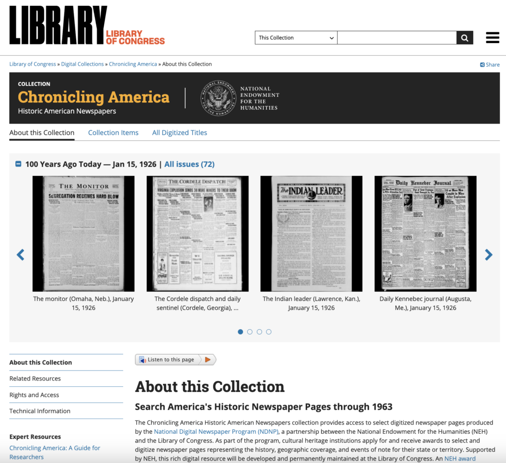 Library of Congress webpage displaying historic newspaper front pages from January 15, 1926, as part of the Chronicaling America collection.
