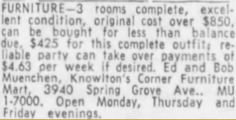 Newspaper classified taken out by "Ed and Bob Muenchen" of Knowlton Furniture, with subject line "Furniture"