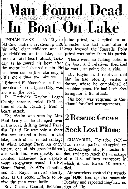 Two-column newspaper story titled "Man Found Dead in Boat on Lake"