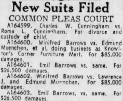 Newspaper article with headline "New Suits Filed: Common Pleas Court." Underneath are the case numbers and parties for several proceedings, including four involving an Edmund Muenchen