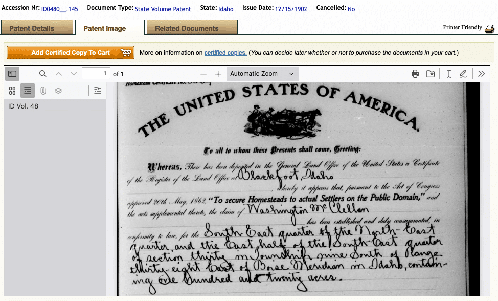 A digitized image of a land patent document, as viewed through an interface (with options for zoom)