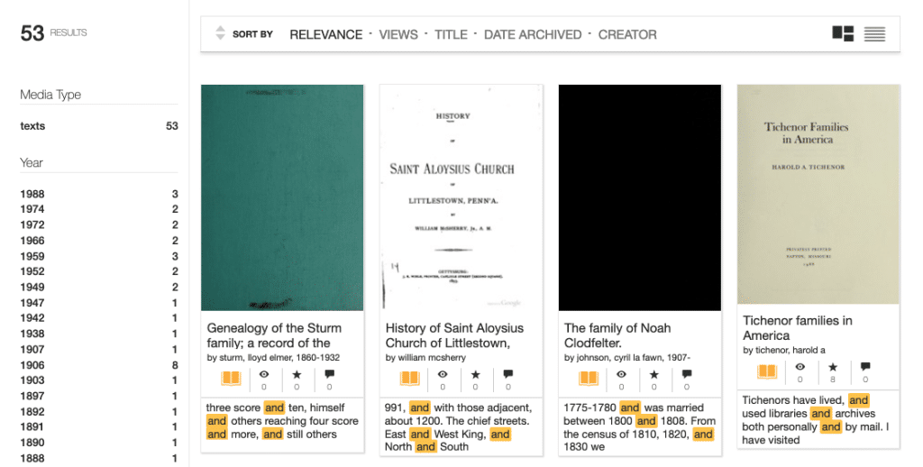 Results from a keyword search at the Internet Archive, which includes preview images of books and other materials