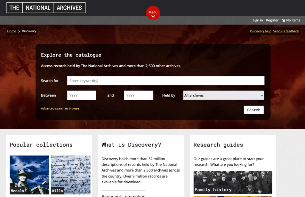 Screenshot of UK National Archives Discovery page, with search bar and links to popular collections