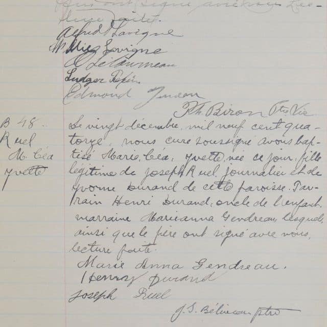 Handwritten baptism record on lined paper