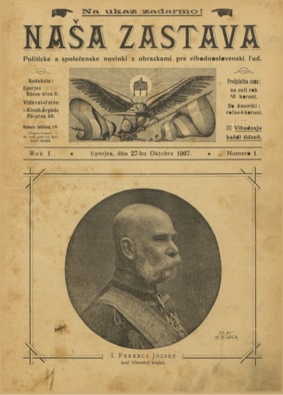 Yellowed image of a newspaper cover page with banner and headshot of Franz Joseph I