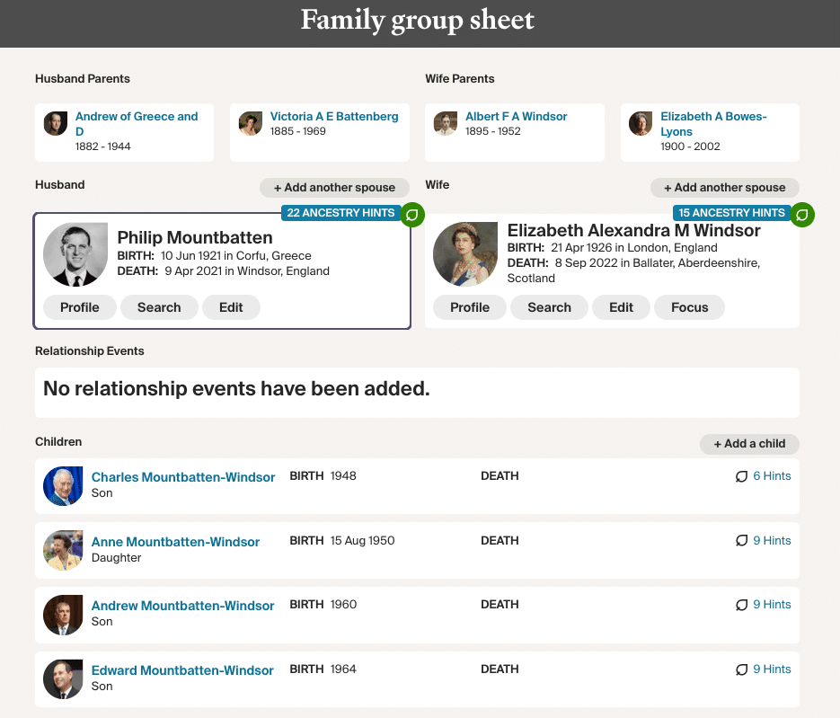 Sample Ancestry.com family group sheet for Queen Elizabeth II, with short profiles on her, her husband, and each of her children