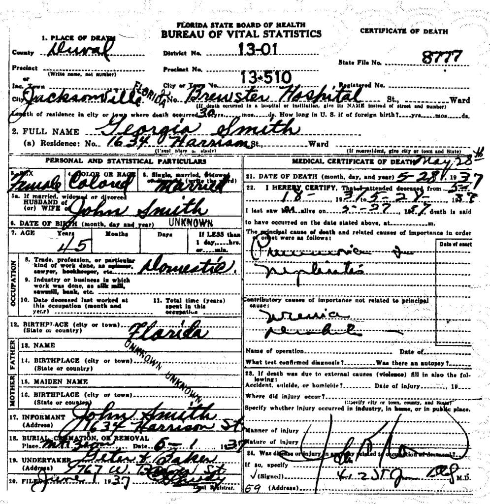 Death certificate that lists several details about the deceased's life: the name of her husband, her age, her birthplace, etc.