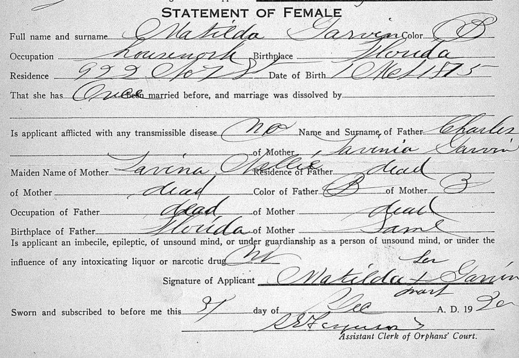Handwritten marriage application that includes the bride's name, occupation, residence, and (critically) parents' names. It also states that her parents are deceased.