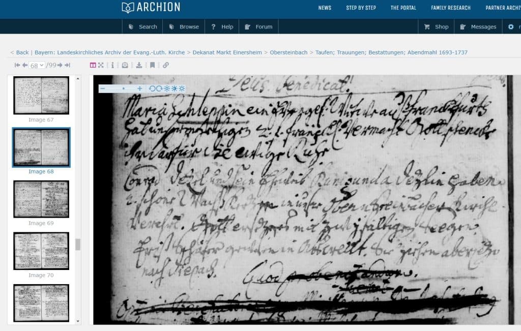 Screenshot of old handwritten record in Archion's online record viewer