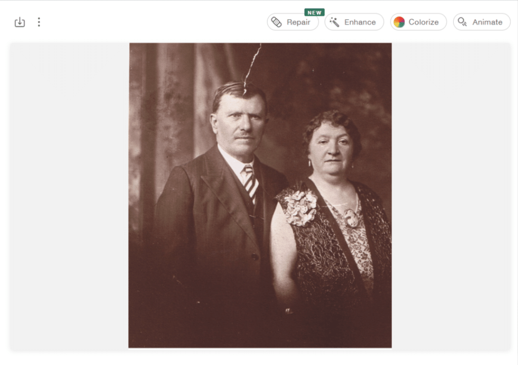 Screenshot of a digitized historical photo loaded into MyHeritage. Above it are enhancement options: Repair, Enhance, Colorize and Animate