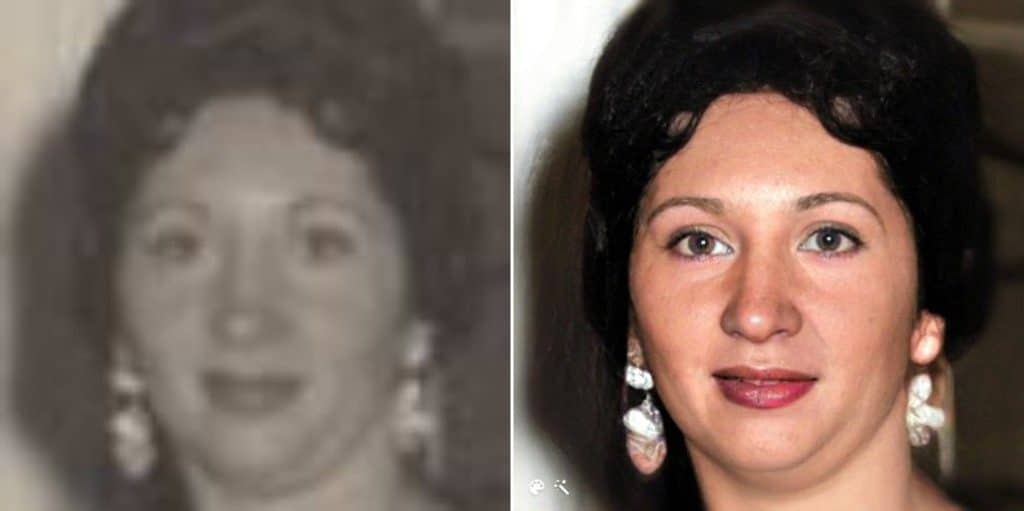Two versions of the same photo: one before MyHeritage tools, and one after. The before photo is blurry, grainy, and black and white. The after photo is clear, high-resolution, and in color