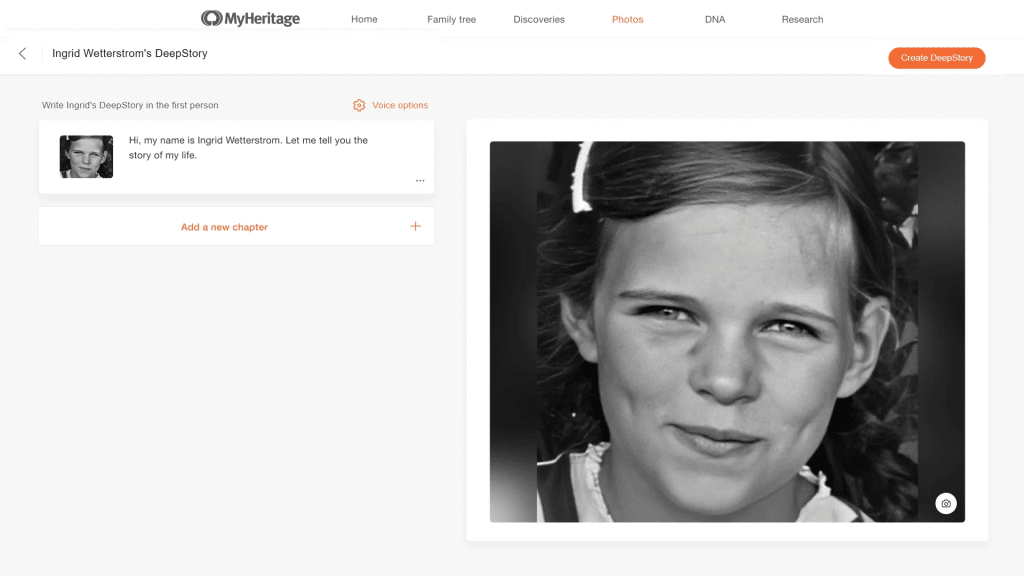 Screenshot of DeepStory tool, featuring a historical photo and a space to add "chapters" of script that will be read by an AI narrator