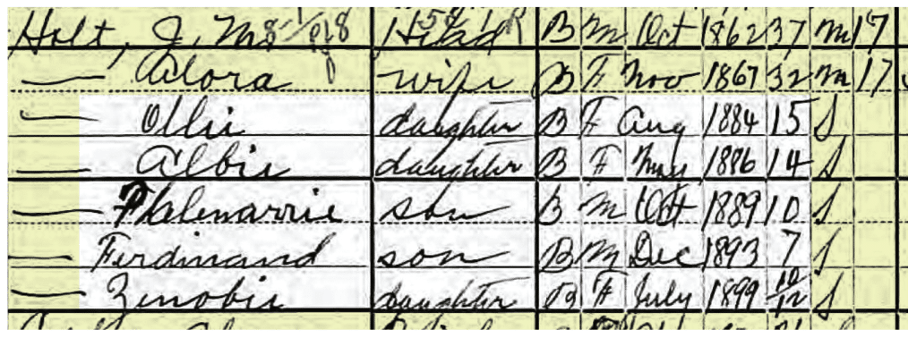 Scanned census record for the Holt family, showing J.M. Holt, wife of 17 years Alora, and five children. The five children are highlighted