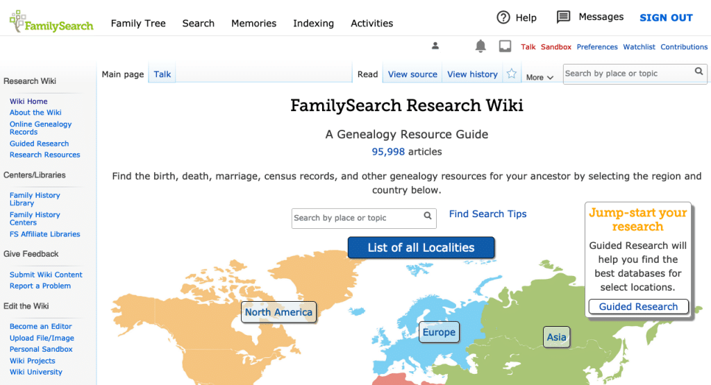 Screenshot of FamilySearch Wiki home page, showing a search bar and a clickable map of the world