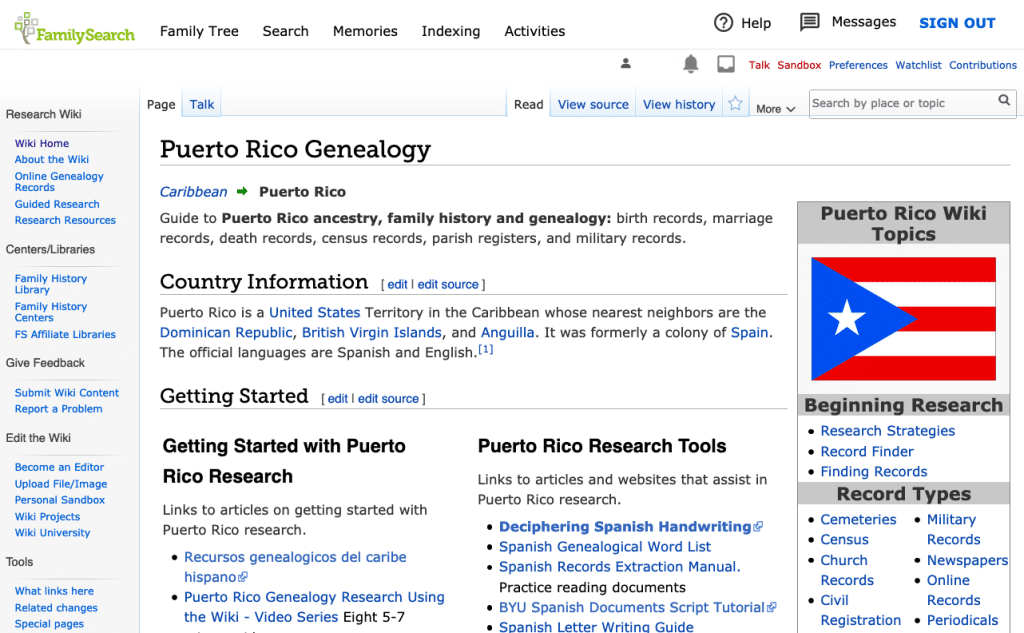 Screenshot of FamilySearch Wiki's page for Puerto Rico, which has information about the territory and a sidebar of links to more-detailed articles on record types, history and more