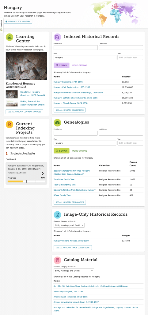 Screenshot of FamilySearch Hungary page, with sections for searchable indexes, browse-only images, and material from the FamilySearch Library