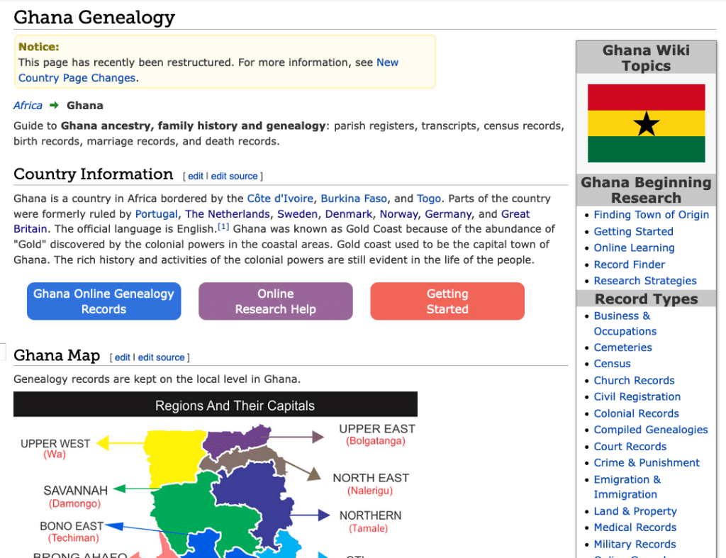 Screenshot of Wikipedia-like entry for Ghana genealogy, with sections on record types, research in specific regions, and a flag of the country