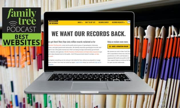 A laptop displaying a webpage with the headline "We Want Our Records Back" in front of a background of organized file folders. A "Family Tree Podcast Best Websites" badge is visible on the screen.