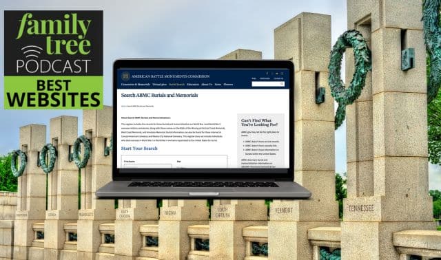 A laptop displaying a burial and memorial search website is in the foreground, with stone columns featuring wreaths and U.S. state names in the background. A "Family Tree Podcast Best Websites" badge is visible.