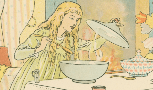 Storybook illustration of Goldilocks tasting a pot of porridge in a fairy tale