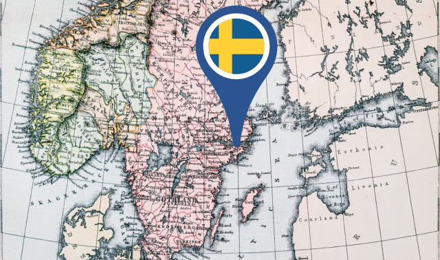 A vintage map of Scandinavia with a modern location pin showing the Swedish flag marking Sweden.