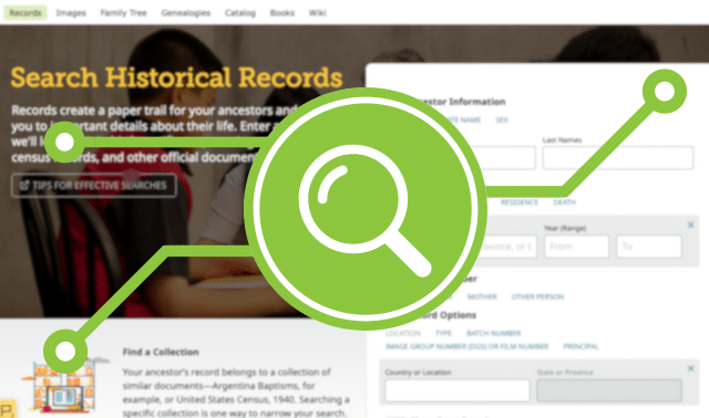 A genealogy search webpage with search fields and a large green magnifying glass icon overlay.