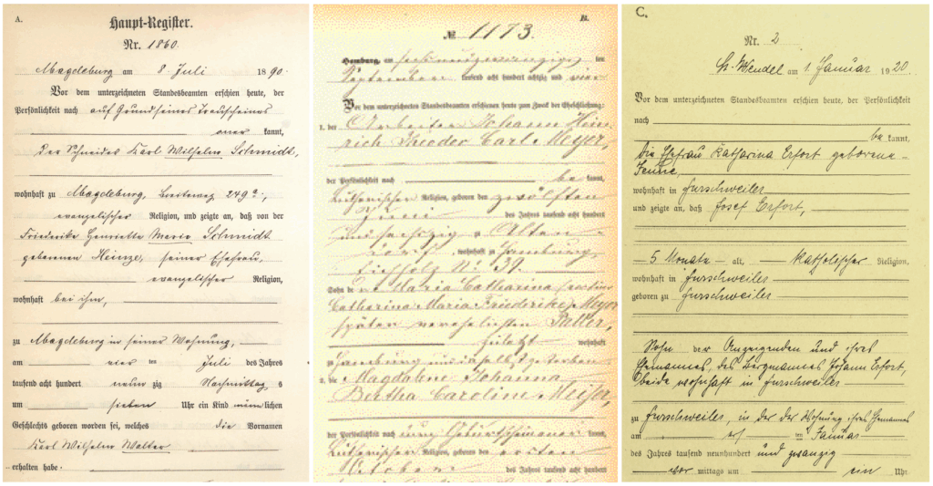 Sample handwritten German genealogy birth, marriage and death records