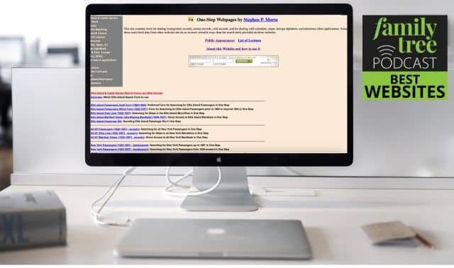 A computer on a desk displays a genealogy website, featuring options and links for searching databases. A "Family Tree Podcast Best Websites" badge is visible on the image.