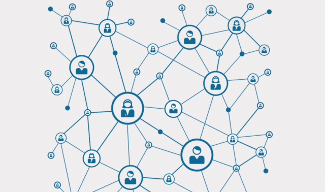 Network diagram with interconnected nodes, each containing a person icon. Some nodes are larger, indicating central connections, while others are smaller, representing peripheral connections.