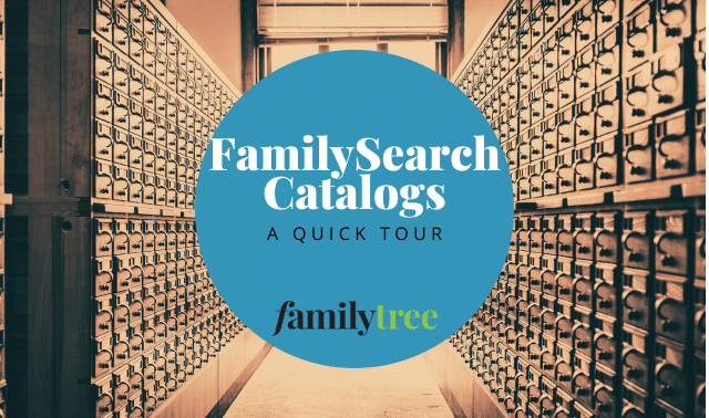 "FamilySearch Catalogs: A Quick Tour" text superimposed over a stylized photo of a hallway in a library catalog