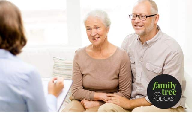 An elderly couple sits together on a couch, speaking with a woman holding a clipboard. "Family Tree Podcast" logo is visible in the lower right corner.