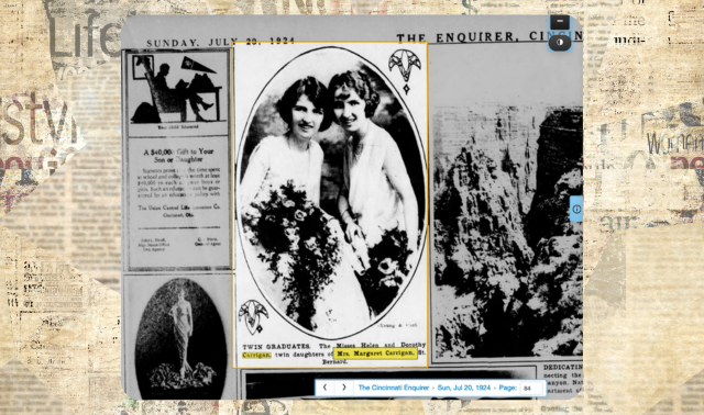 A vintage newspaper clipping from July 20, 1924, shows two women in white dresses holding bouquets, labeled as twin graduates Miss Helen and Dorothy Corrigan.