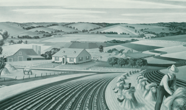 Landscape image of rural scene of fields, hills, and farmhouses, with a farmer working in the corner