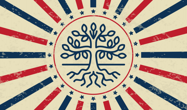 A stylized tree with roots is centered in a circle surrounded by stars, with red and blue rays radiating outward on a beige background.