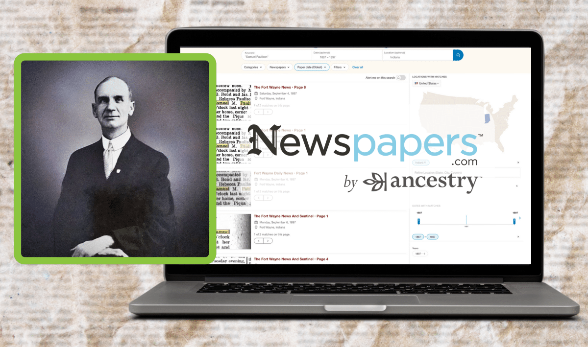 A black-and-white portrait of a man is shown beside a laptop displaying the Newspapers.com website by Ancestry, illustrating how to use Newspapers.com for research.