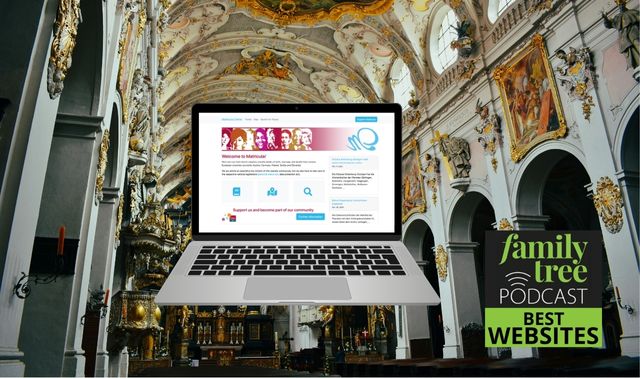 A laptop with a genealogy website on its screen is superimposed over the interior of an ornate church; a