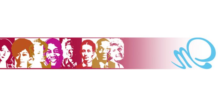 A row of stylized portraits of diverse individuals is shown on a gradient background, with a blue abstract logo on the right side.