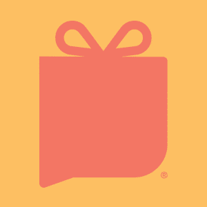 A stylized red gift box with a bow on top and a speech bubble-like bottom corner, set against a yellow background.