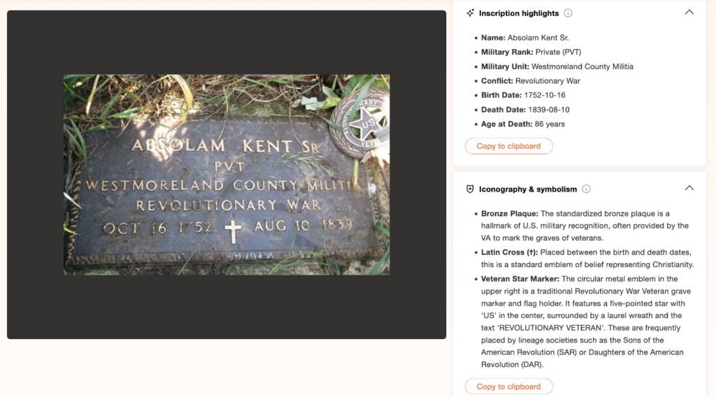 Bronze grave marker for Absolam Kent Sr., Pvt, Westmoreland County Militia, Revolutionary War, showing birth and death dates, with grass and two commemorative emblems beside it.