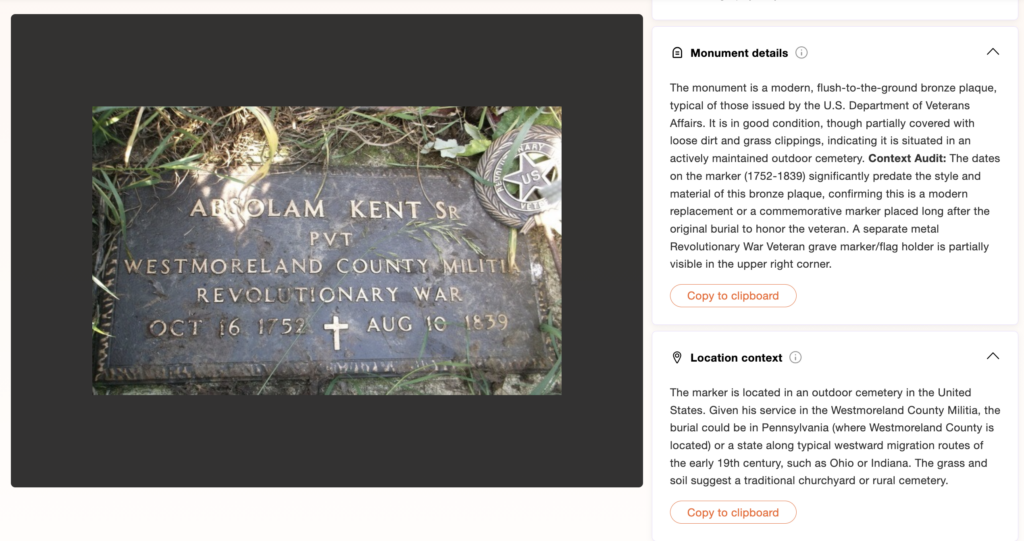 A weathered bronze grave marker for Absolam Kent Sr., Pvt, Westmoreland County Militia, Revolutionary War, with birth and death dates, set in the ground with grass around it.