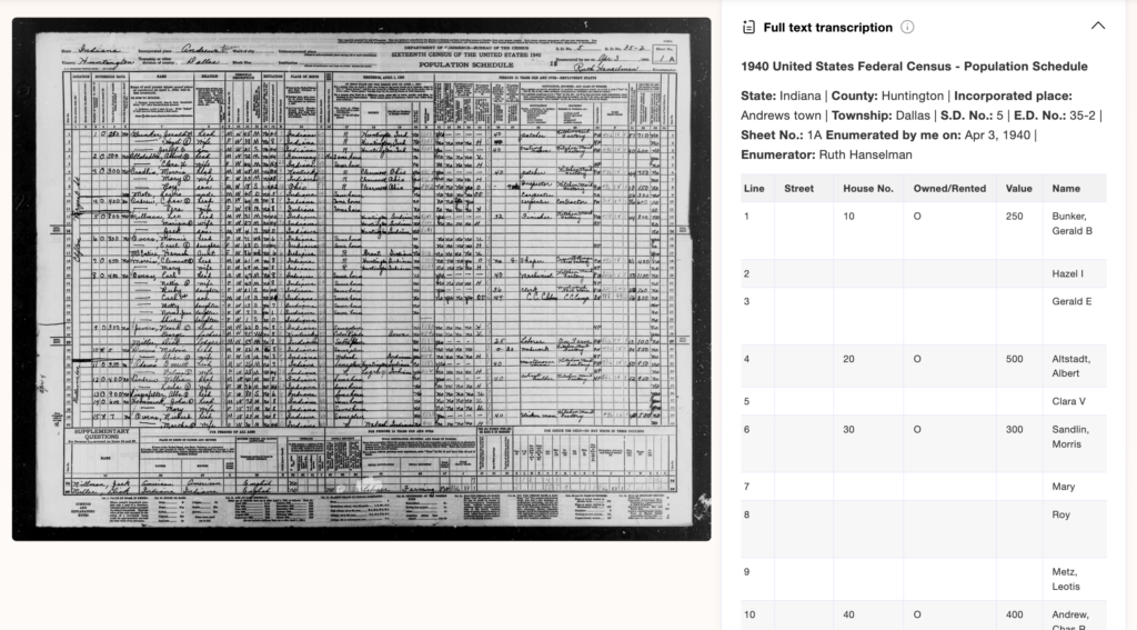 1940 U.S. Census record listing residents of Andrews town, Dallas Township, Huntington County, Indiana, with names, ages, relationships, and housing details in tabular format.