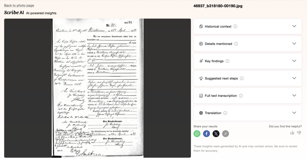 A scanned handwritten document with cursive text in German, featuring official stamps and headings, displayed beside analysis options on a digital platform.
