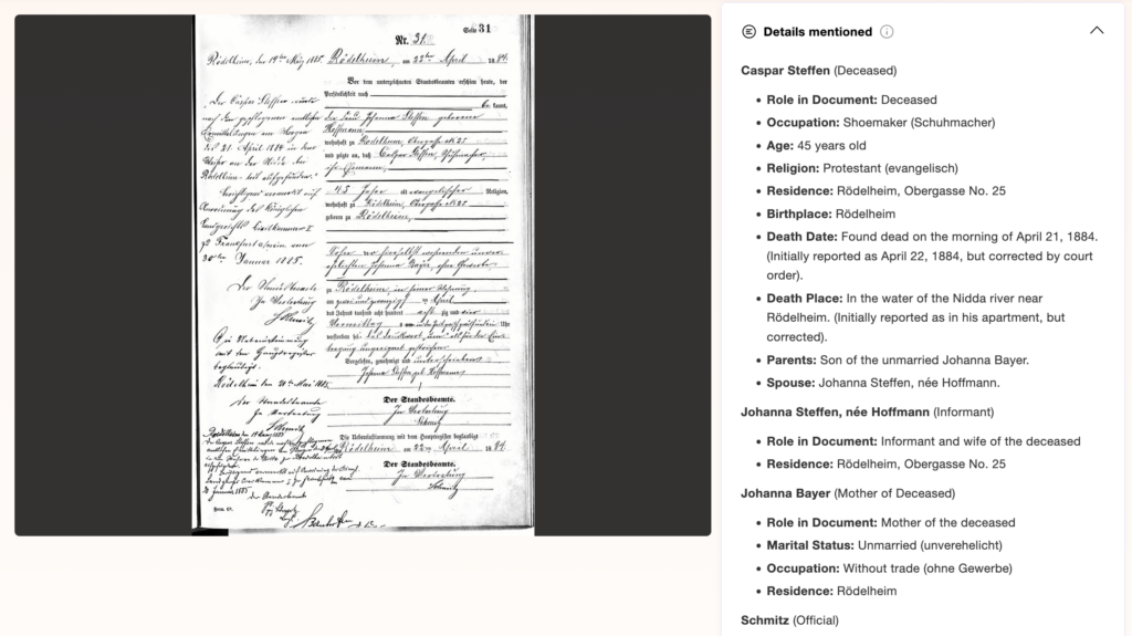 A handwritten historical document in German with several lines of cursive script, accompanied by a typed summary of personal details in a sidebar on the right.
