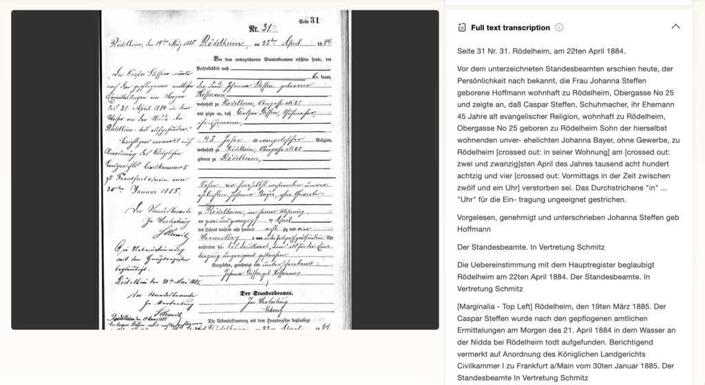 A scanned historical document in German with handwritten text on the left and a typed German transcription on the right side of the screen.