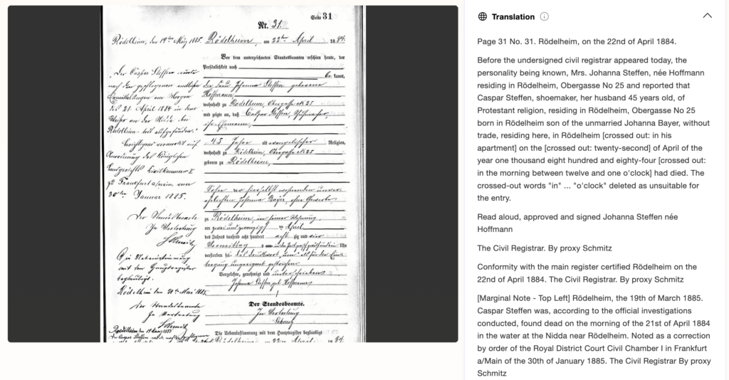 A scanned handwritten German birth certificate from 1884 appears on the left, with a typed English translation and transcription on the right.
